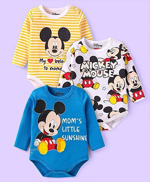 Babyhug Disney Interlock Knit Full Sleeves Striped & Mickey Mouse Printed Onesies Pack of 3 - Blue & White
