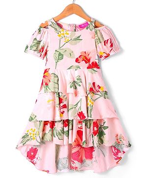 Pspeaches Half Sleeves Floral Printed High Low Layered Dress - Peach