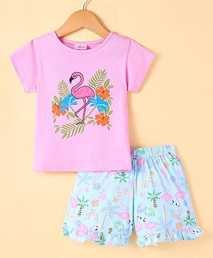 Pspeaches Cotton Half Sleeves Flamingo Printed Night Suit Set - Blue