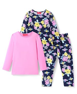 Pspeaches Pack Of 2 Cotton Woven Full Sleeves Solid & Floral Printed Tees With Coordinating Pajama Set - Navy Blue