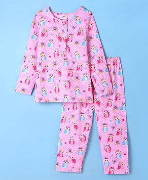 Pspeaches Cotton Woven Full Sleeves Owl Printed Coordinating Night Suit Set - Pink