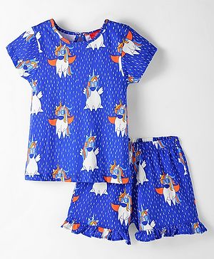 Pspeaches Cotton Woven Half Sleeves Unicorn Printed Coordinating Night Suit Set - Blue