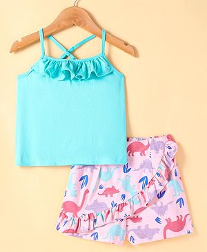 Pspeaches Sleeveless Frill Detailed Solid Top With Animals Printed Shorts - Pink