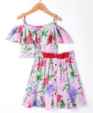 Pspeaches Rayon Sleeveless Floral Printed Top & Coordinating Skirt Set - Pink