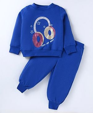 Pspeaches Wool Full Sleeves Headphone Printed Sweatshirt With Pajama - Blue