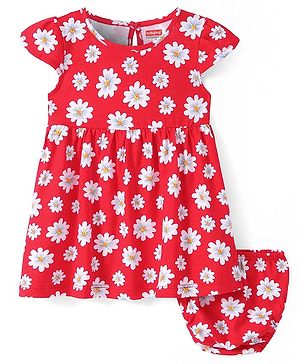 Babyhug Cotton Knit Half Cap Sleeves Floral Printed Anti Bacterial Frock with Bloomer - Red