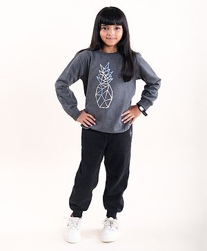 Kiddopanti Fleece Full Sleeves Pineapple Foil Printed Sweatshirt With Solid Track Pant Set - Antra Melange & Black