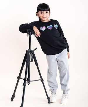 Kiddopanti Fleece Full Sleeves Hearts Sequin Embellished Sweatshirt With Track Pant - Black & Grey Melange