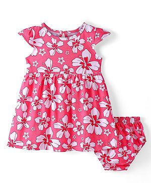 Babyhug Cotton Knit Half Cap Sleeves Floral Printed Anti Bacterial Frock with Bloomer - Dark Pink