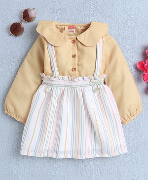 Twetoons Woven Full Sleeves Striped Frock With Peter Pan Collar - Mustard