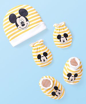 Babyhug Disney Interlock Knit Caps Mittens & Booties With Mickey Mouse Graphic - Yellow