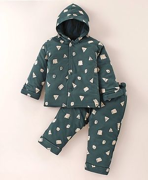 Simply Quilted Cotton Full Sleeves Hooded Winter Wear Co-Ord Padded Suit With Geometrical Shapes Print - Green