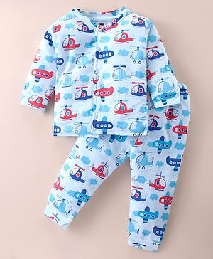 Simply Quilted Cotton Full Sleeves Padded Winter Wear Co-Ord Suit With Helicopters Print - Sky Blue