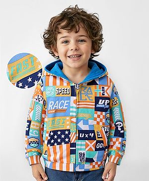 Babyhug Cotton Knit Full Sleeves Hooded Sweatjacket with Text Print - Multicolour