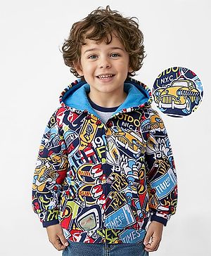 Babyhug Cotton Knit Full Sleeves Hooded Sweatjacket with Sports Theme Print - Blue