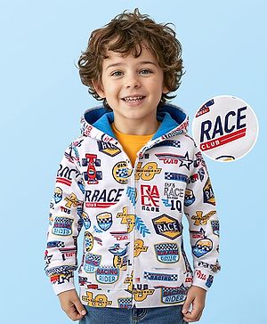 Babyhug Cotton Knit Full Sleeves Hooded Sweatjacket with Race Theme Print - White
