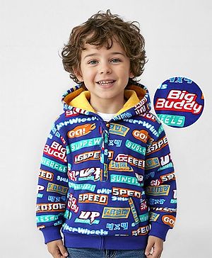 Babyhug Cotton Knit Full Sleeves Hooded Sweatshirt With Text Prints - Navy Blue
