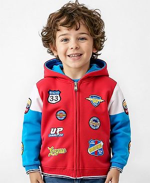 Babyhug Fleece Knit Full Sleeves Hooded Front Open Cut & Sew Designed Sweatjacket with  Text Print & Badge Detailing - Blue & Red