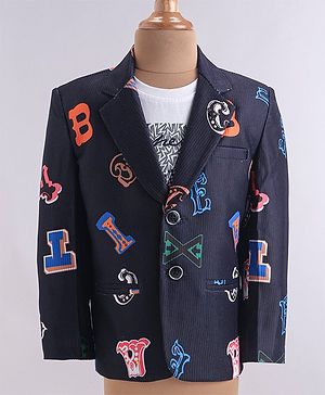 Dapper Dudes Full Sleeves Alphabets Printed Blazer With Tee - Navy Blue