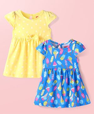 Babyhug Cotton Knit Cap Sleeves Frocks With Ice Cream & Polka Dots Print Pack Of 2 - Yellow & Blue