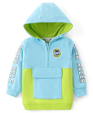 Babyhug Cotton Knit Full Sleeves Hooded Sweatshirt With Cut & Sew Design & Text Print - Sky Blue