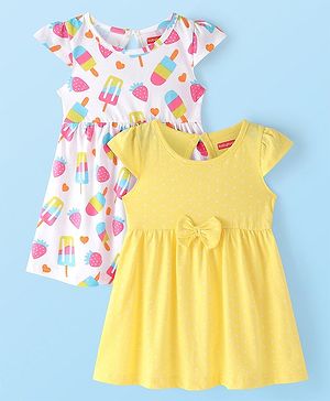 Babyhug Cotton Knit Cap Sleeves Frock with Icecream Print & Bow Applique Pack Of 2-  White & Yellow