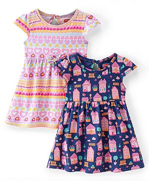 Babyhug Single Jersey Knit Half Sleeves Frocks With Hearts  Print Pack Of 2 - Multicolor