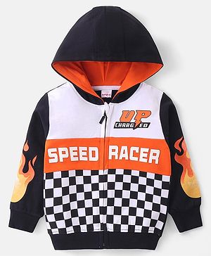 Babyhug Cotton Knit Full Sleeves Hooded Sweatjacket with Race Theme Print - Multicolour