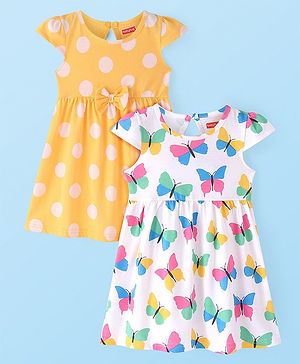 Babyhug Cotton Knit Cap Sleeves Frocks with Polka Dots & Butterfly Print Pack of 2 - Yellow & White