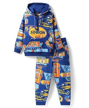 Pine Kids Cotton Knit Full Sleeves Text Printed Winter Wear Hooded Sweatshirt & Joggers Set with Kangaroo Pockets - Blue