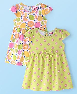 Babyhug Cotton Cap Sleeves Knee Length Frock with Bow Floral & Fruits Print Pack of 2 - Light Peach & Green