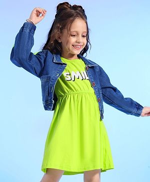 Ollington St. Denim Full Sleeves Jacket With Inner One Piece Dress with Text Print - Indigo & Lime Green