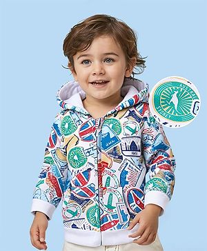 Babyhug Cotton Knit Full Sleeves Front Open Hooded Sweatjacket With Kangaroo Print - White