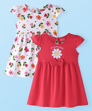 Babyhug Cotton Cap Sleeves Knee Length Frocks with Bow Floral & Butterfly Print Pack of 2 - White & Red