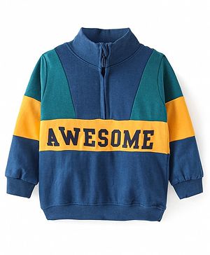 Babyhug Cotton Knit Full Sleeves High Neck Sweatjacket with Cut & Sew Design & Text Print - Teal Blue