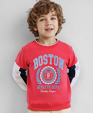 Babyhug Cotton Knit Full Sleeves Sweatshirt With Cut & Sew Design & Text Print - Red