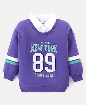 Babyhug Cotton Knit Full Sleeves Collar Neck Sweatshirt With Text Print & Embroidery - Purple