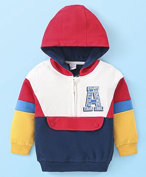 Babyhug Cotton Knit Full Sleeves Hooded Sweatshirt with Cut & Sew Design & Alphabet Print - Multicolour