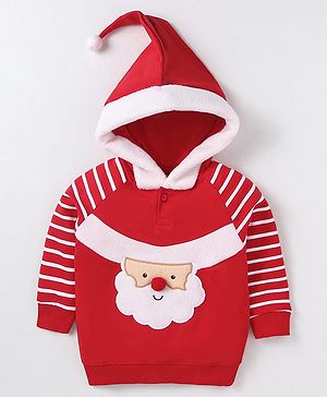 Babyhug Cotton Knit Full Raglan Sleeves Hooded Sweatshirt with Santa Design & 3D Applique - Red & White