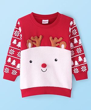 Babyhug Cotton Knit Full Sleeves Sweatshirt Christmas Theme Print & Applique - Red