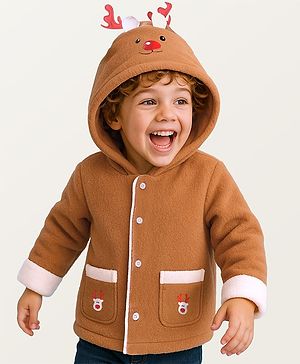 Babyhug Cotton Knit Full Sleeves Hooded Winter Jacket with Reindeer Applique - Brown