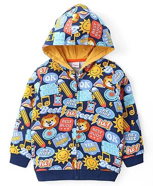 Babyhug Cotton Knit Full Sleeves Front Open Hooded Sweatjacket With Lion Print - Blue