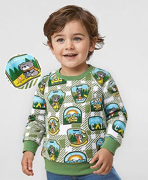 Babyhug Cotton Knit Full Sleeves Sweatshirt with Animal Print  - Green & White