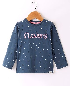 Teddy Sinker Knit Full Sleeves T-Shirt with Polka Dots & Text Print- Nevy