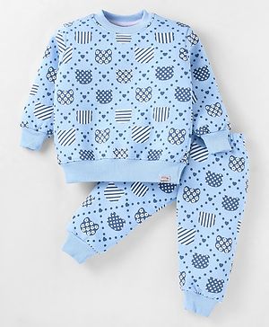 Teddy Fleece Knit Winter Night Suit with Hearts Print - Light Blue