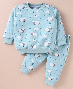 Teddy Fleece Knit Full Sleeves Winter Wear  Night Suit with Sheep Print - Light Blue