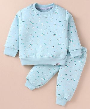 Teddy Fleece Knit Winter Night Suit with Floral Print - Light Blue