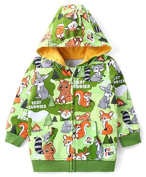 Babyhug Cotton Full Sleeves Hooded Front-open Sweatjacket With Zipper & All Over Animals Print - Green