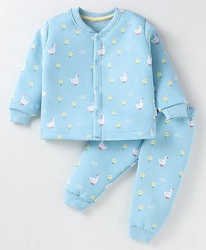 Teddy Fleece Knit Full Sleeves Front Open Winter Wear Night Suit with Duck & Floral Print - Light Blue