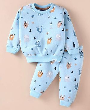 Teddy Sinker Knit Full Sleeves Floral Printed Night Suit - Light Blue